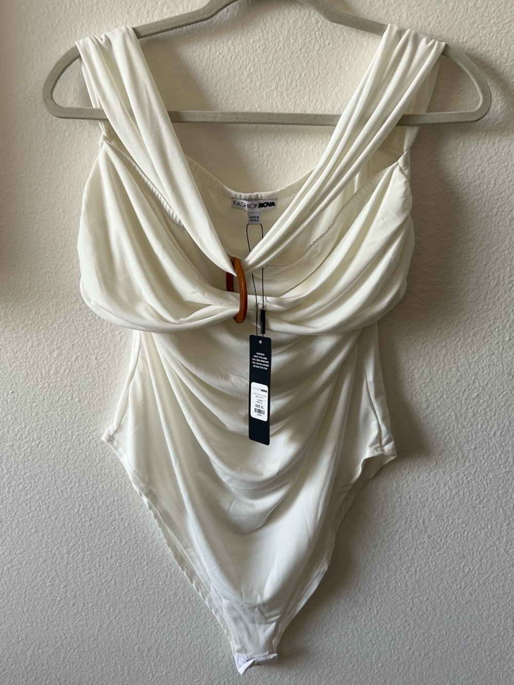 Fashion Nova Ivory Draped Ring-Detail Bodysuit